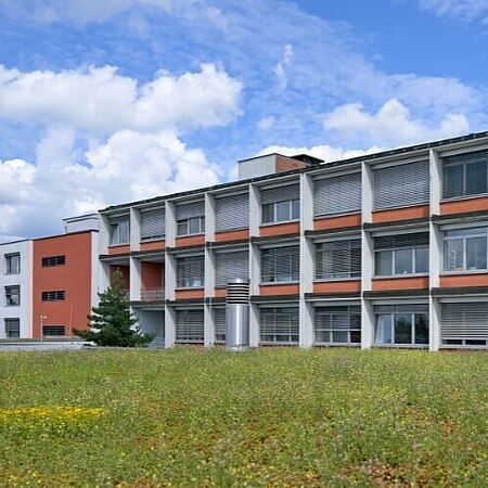 Außenansicht des Krankenhauses Lauf mit großen Fenstern und Sonnenschutzlamellen. Im Vordergrund ist ein begrüntes Dach mit Wildblumen zu sehen, darüber ein blauer Himmel mit weißen Wolken